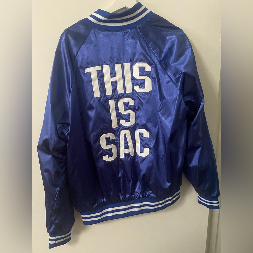 “This is Sac” satin blue jacket. Large